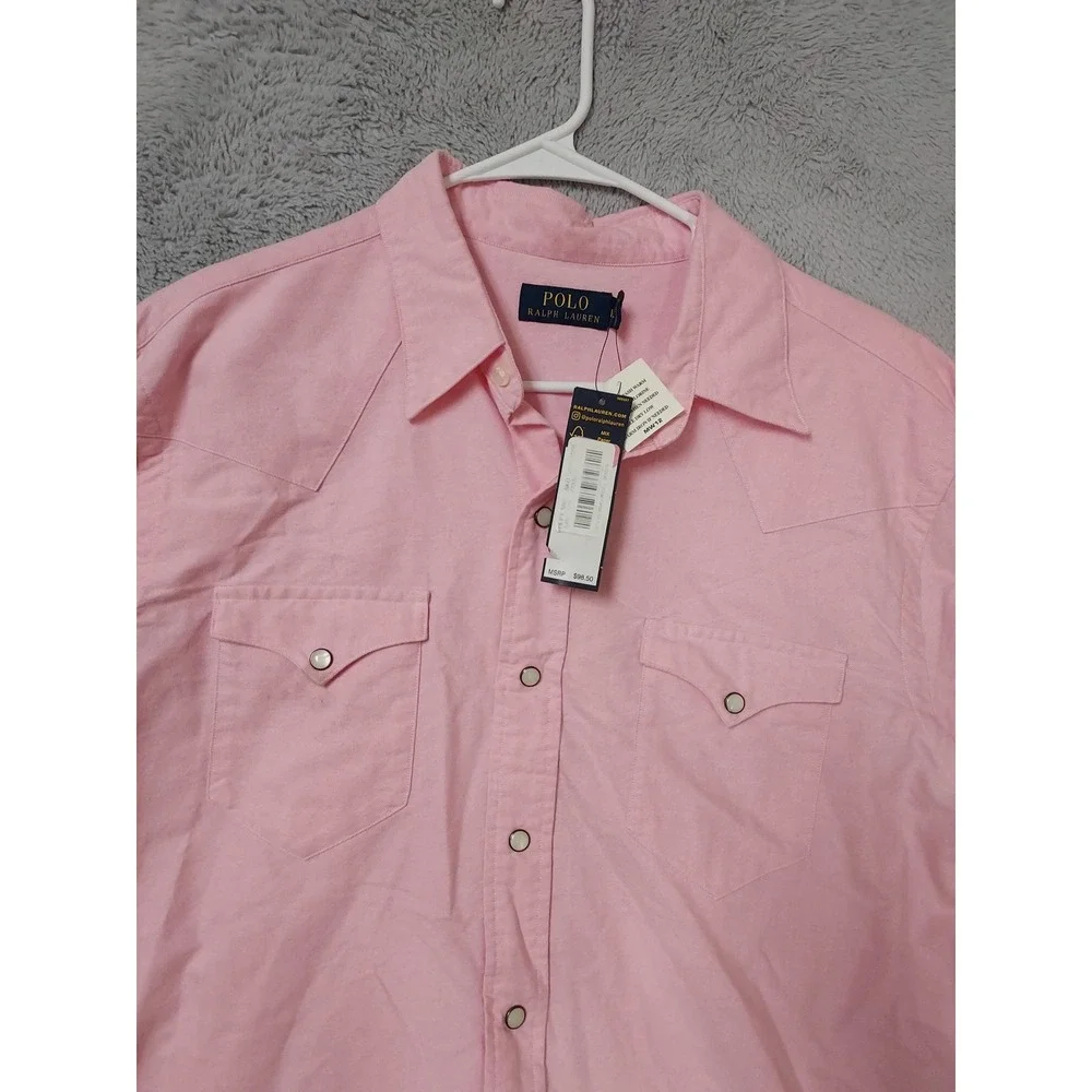 NEW Polo Ralph Lauren Shirt Men Large Western Pearl Snap Oxford Long Sleeve Pink
